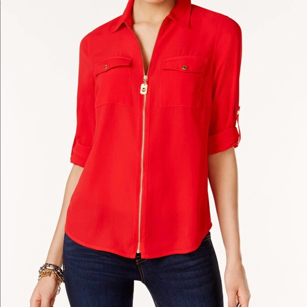 MICHAEL Michael Kors Tomato Red Zipper Accent Long Tab Sleeve Blouse, size XS